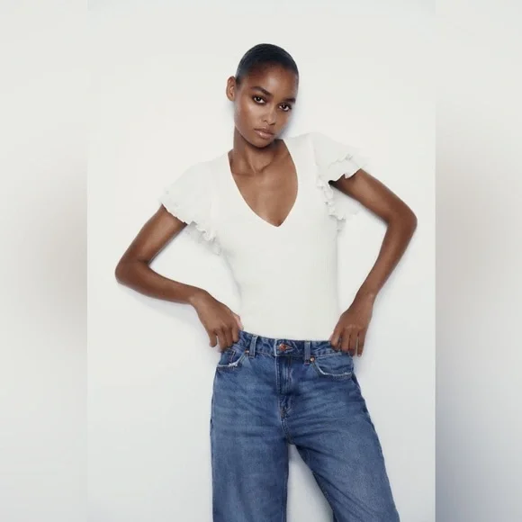 Zara Ribbed Ruffle Sleeve Bodysuit - Picture 10 of 10